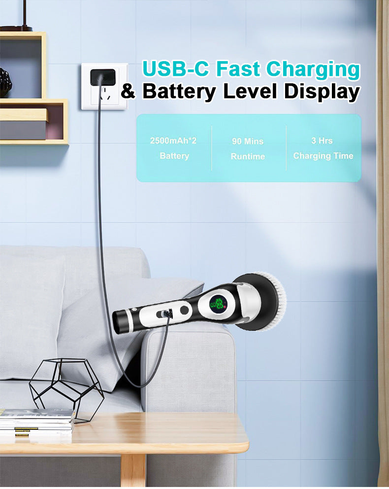 Multi-Functional Electric Spin Scrubber with Voice Broadcast, 9 Heads, Adjustable Extension Handle & LED V888-ELOSUNG35777