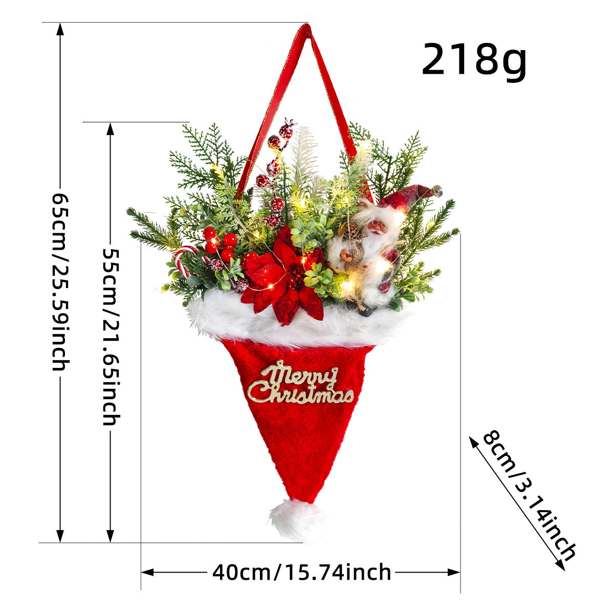 Illuminated Santa Hat Door Hanger with Holiday Greenery & Berries - Christmas Wall Decor(red) V888-ELOSUNG35801