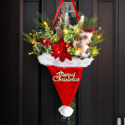 Illuminated Santa Hat Door Hanger with Holiday Greenery & Berries - Christmas Wall Decor(red) V888-ELOSUNG35801