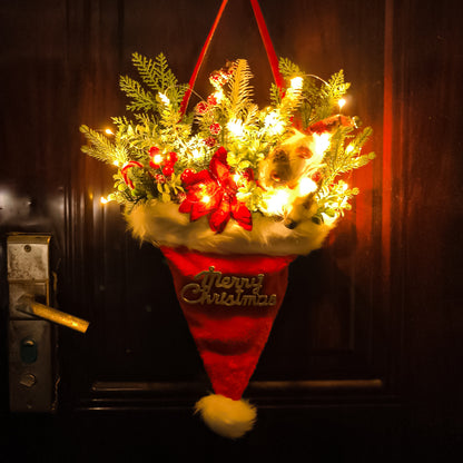 Illuminated Santa Hat Door Hanger with Holiday Greenery & Berries - Christmas Wall Decor(red) V888-ELOSUNG35801