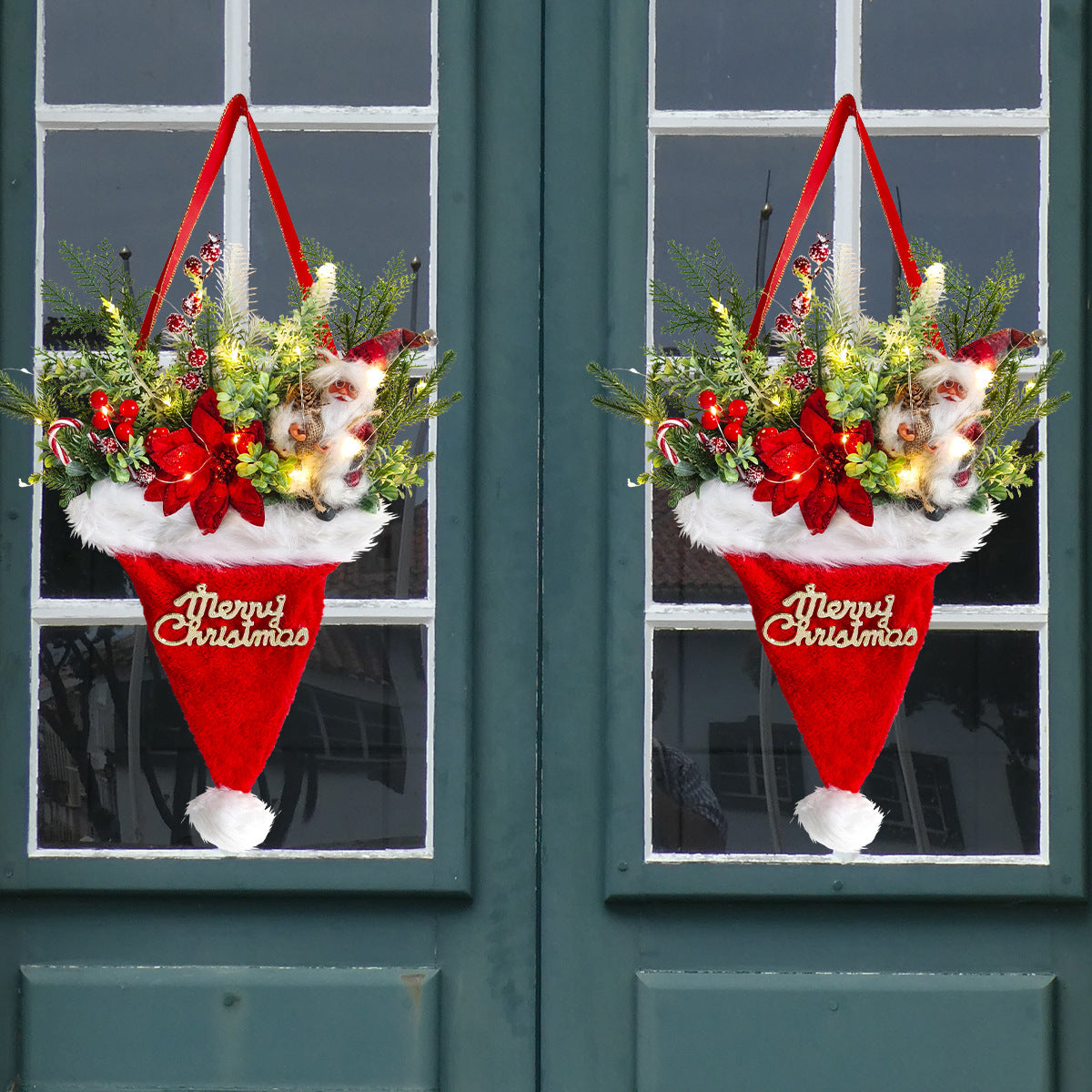 Illuminated Santa Hat Door Hanger with Holiday Greenery & Berries - Christmas Wall Decor(red) V888-ELOSUNG35801