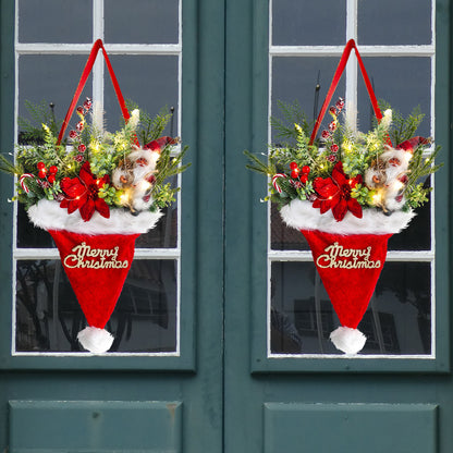 Illuminated Santa Hat Door Hanger with Holiday Greenery & Berries - Christmas Wall Decor(red) V888-ELOSUNG35801