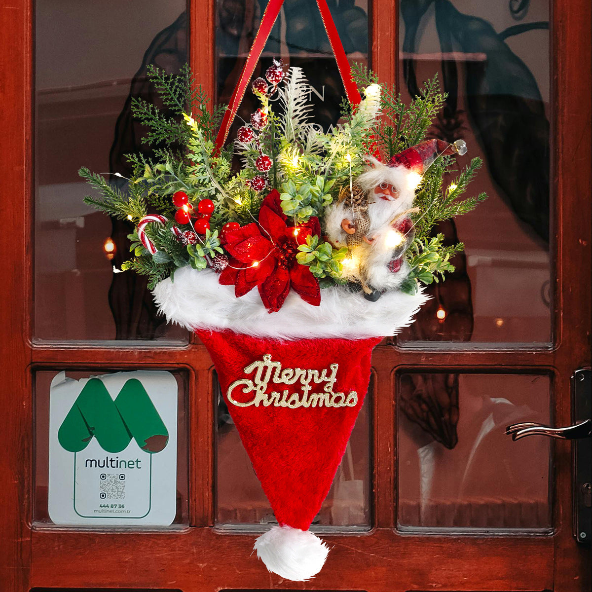 Illuminated Santa Hat Door Hanger with Holiday Greenery & Berries - Christmas Wall Decor(red) V888-ELOSUNG35801
