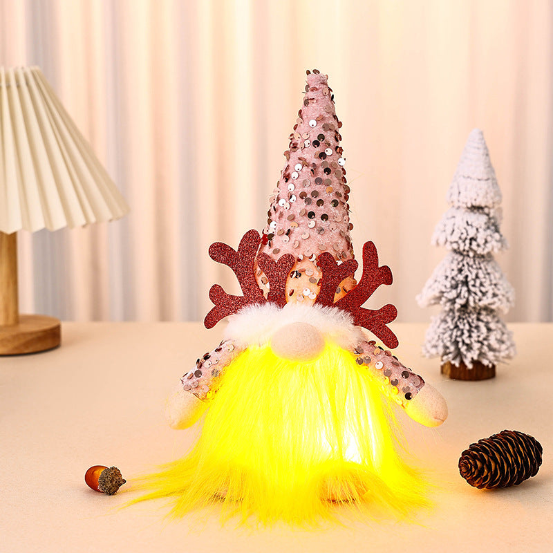 Light-Up Christmas Gnome Plush Doll with Sequin Hat & Antlers - Festive LED Tabletop Decoration(pink) V888-ELOSUNG35809