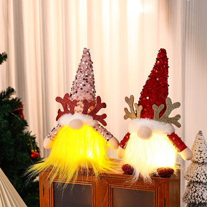 Light-Up Christmas Gnome Plush Doll with Sequin Hat & Antlers - Festive LED Tabletop Decoration(pink) V888-ELOSUNG35809