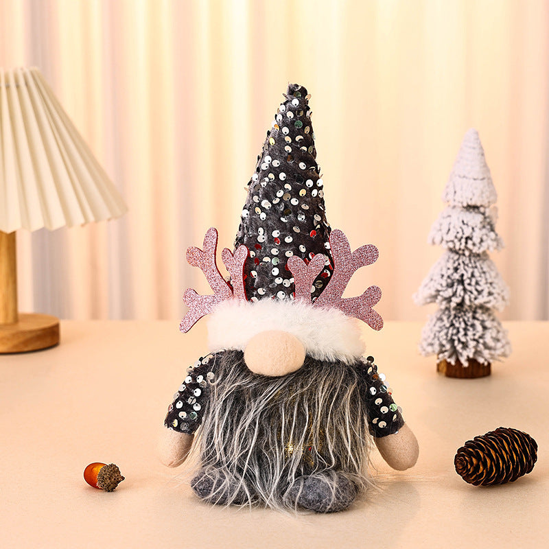 Light-Up Christmas Gnome Plush Doll with Sequin Hat & Antlers - Festive LED Tabletop Decoration(silver) V888-ELOSUNG35811