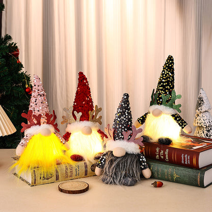 Light-Up Christmas Gnome Plush Doll with Sequin Hat & Antlers - Festive LED Tabletop Decoration(silver) V888-ELOSUNG35811