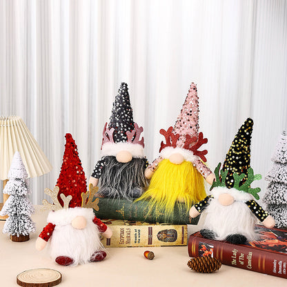 Light-Up Christmas Gnome Plush Doll with Sequin Hat & Antlers - Festive LED Tabletop Decoration(silver) V888-ELOSUNG35811