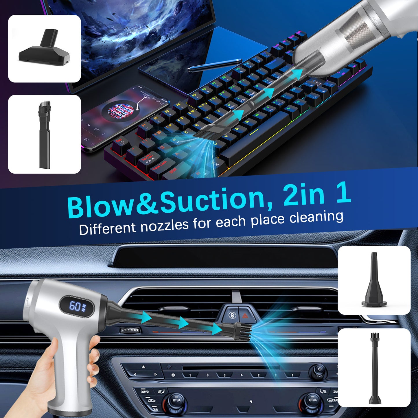 2-in-1 Cordless Handheld Vacuum & Air Duster - 12000Pa Suction, 70000 RPM, LED Light, USB-C V888-ELOSUNG35816