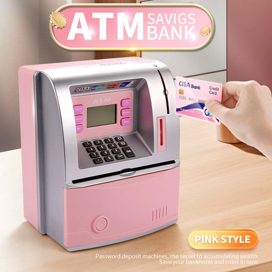 Kids Electronic ATM Savings Bank - Digital Piggy Bank with Password, Auto Roll-in Banknotes & Coin Slot for V888-ELOSUNG35821