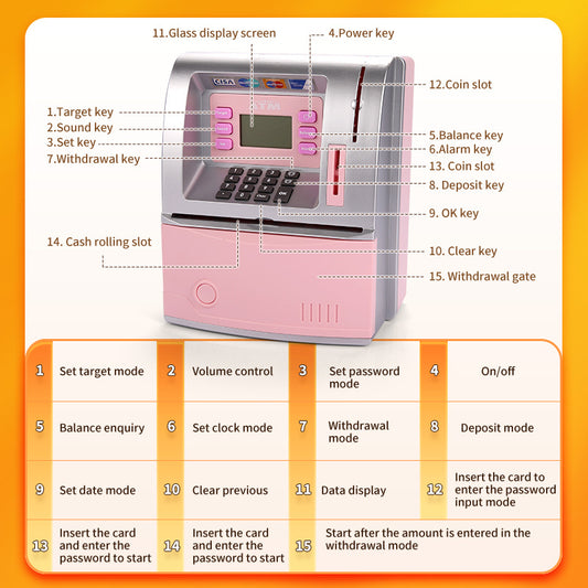 Kids Electronic ATM Savings Bank - Digital Piggy Bank with Password, Auto Roll-in Banknotes & Coin Slot for V888-ELOSUNG35821