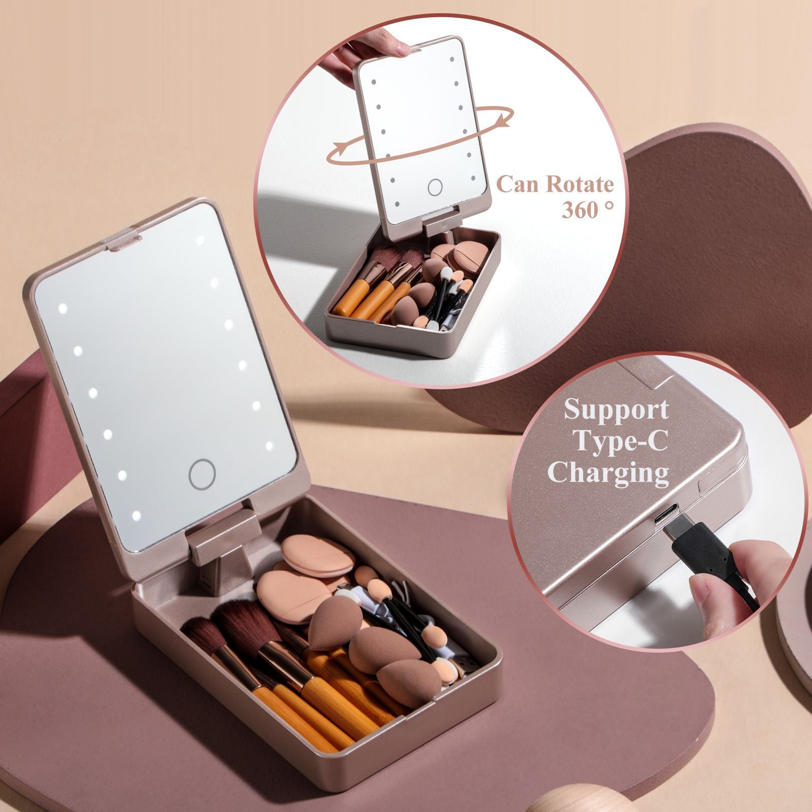 All-in-One Portable Makeup Brush Kit with LED Mirror Travel Case, Sponges & Applicators(pink) V888-ELOSUNG35838