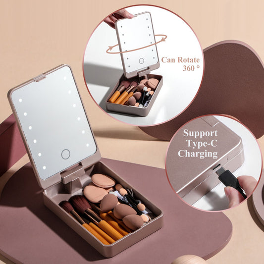 All-in-One Portable Makeup Brush Kit with LED Mirror Travel Case, Sponges & Applicators(pink) V888-ELOSUNG35838