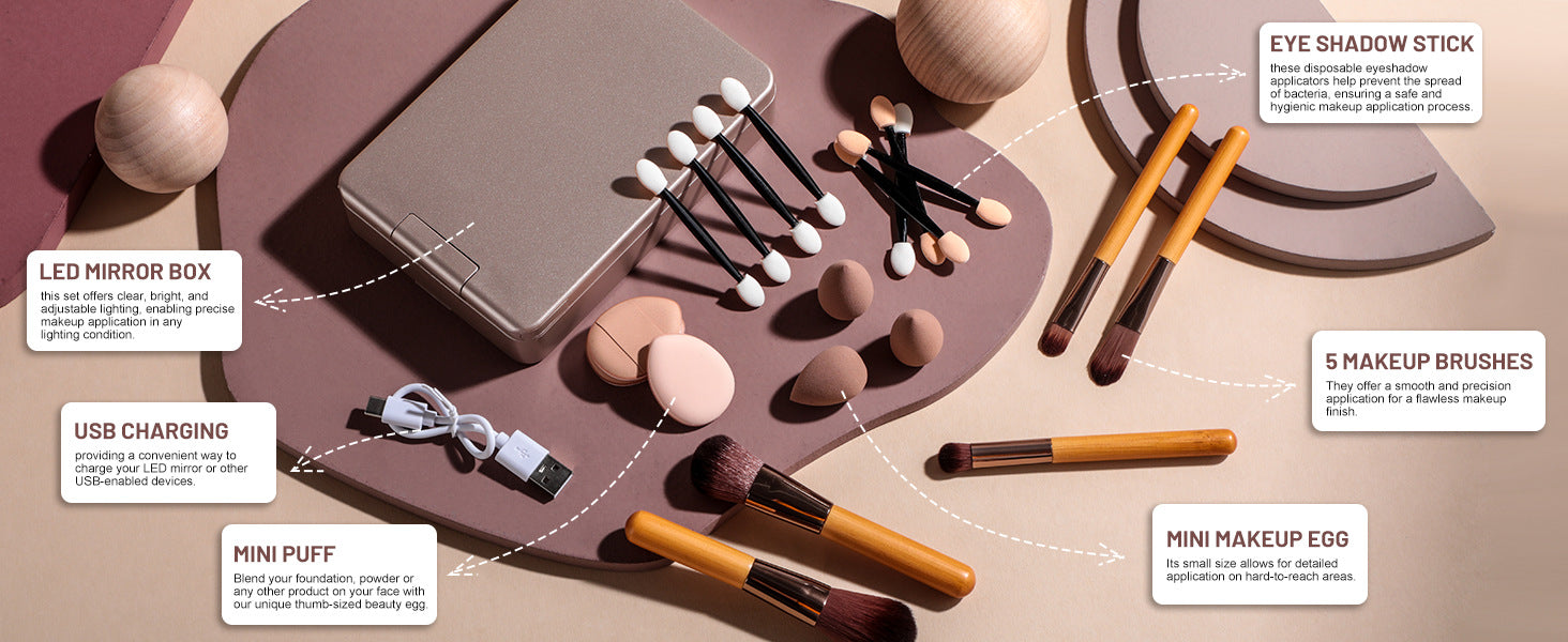 All-in-One Portable Makeup Brush Kit with LED Mirror Travel Case, Sponges & Applicators(pink) V888-ELOSUNG35838