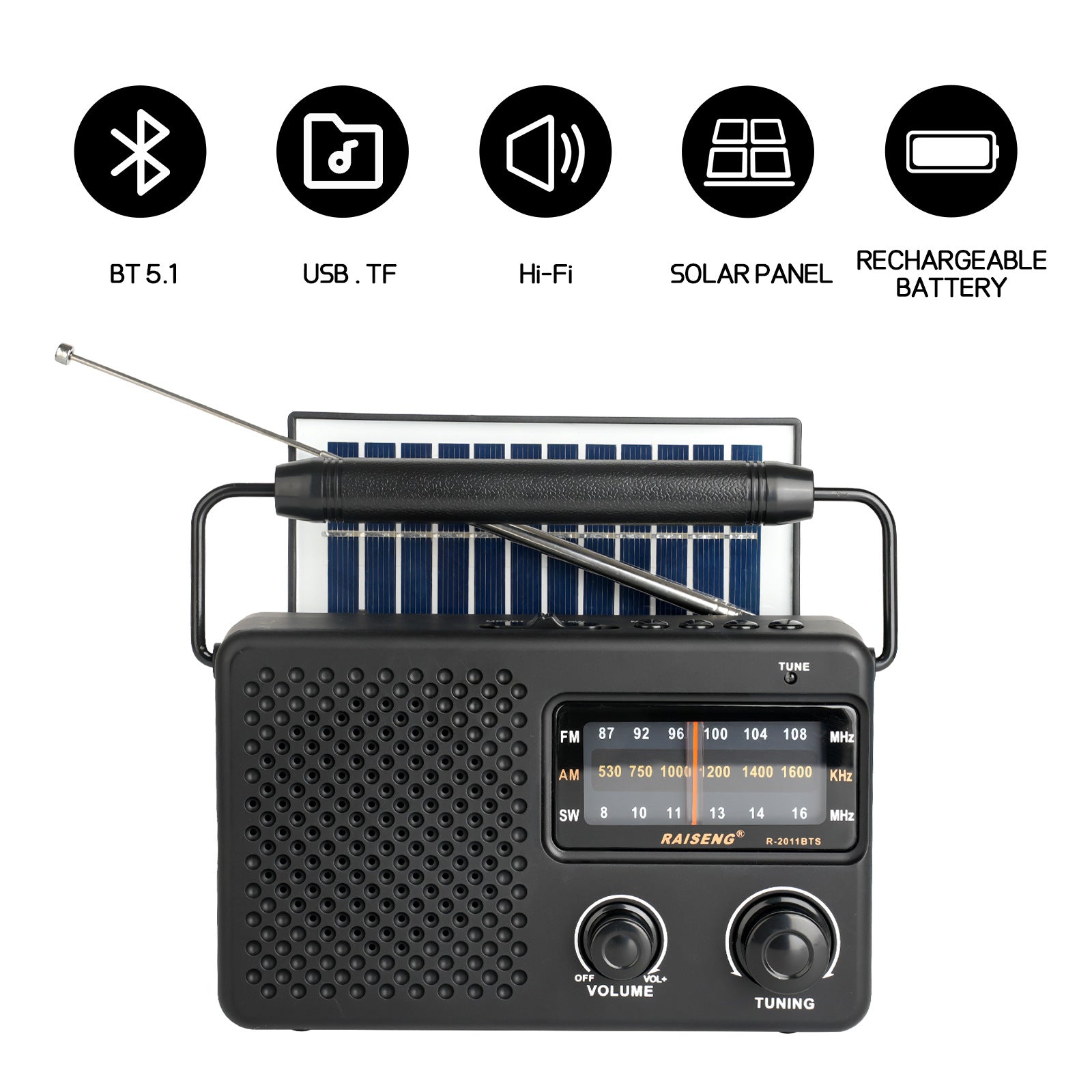 Portable Solar Powered 3-Band AM/FM/SW Radio with Bluetooth Speaker & Multiple Charging Options(black) V888-ELOSUNG35842