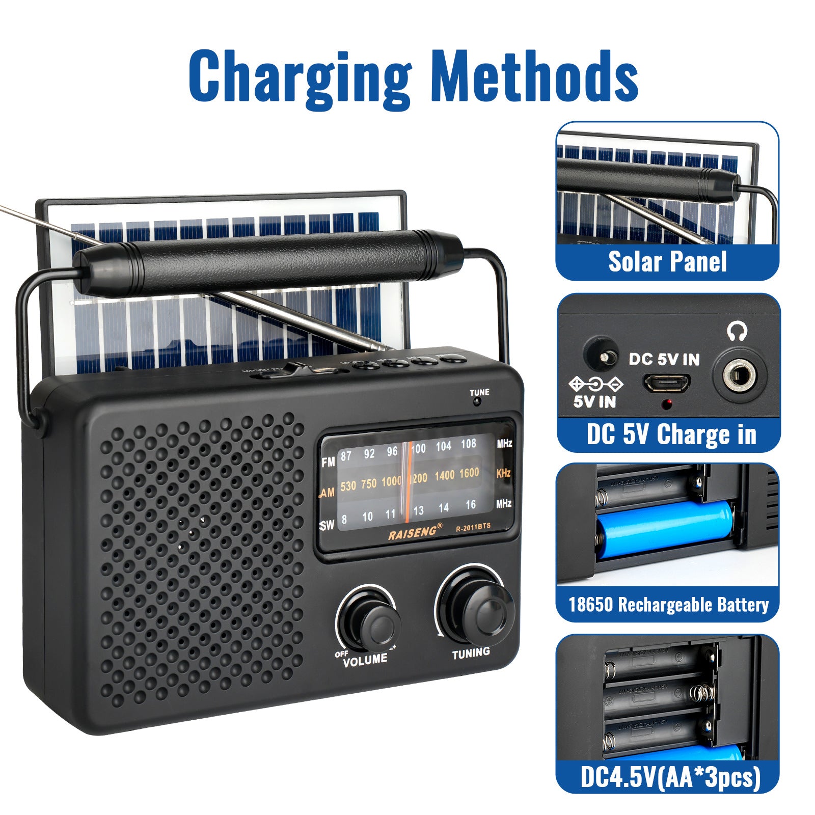 Portable Solar Powered 3-Band AM/FM/SW Radio with Bluetooth Speaker & Multiple Charging Options(black) V888-ELOSUNG35842