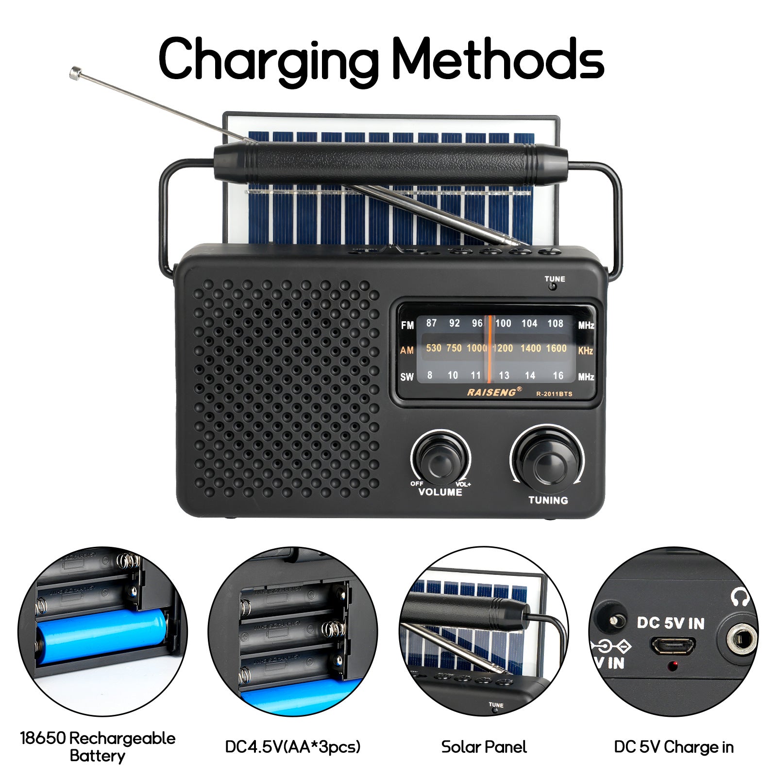 Portable Solar Powered 3-Band AM/FM/SW Radio with Bluetooth Speaker & Multiple Charging Options(black) V888-ELOSUNG35842