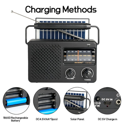 Portable Solar Powered 3-Band AM/FM/SW Radio with Bluetooth Speaker & Multiple Charging Options(black) V888-ELOSUNG35842