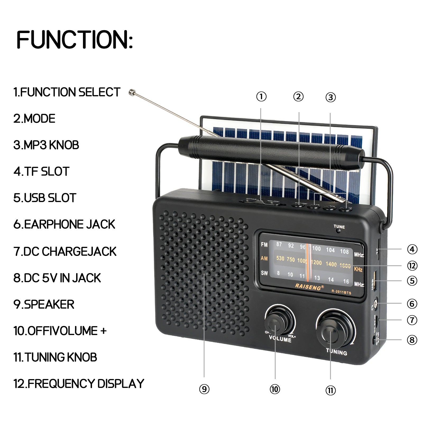 Portable Solar Powered 3-Band AM/FM/SW Radio with Bluetooth Speaker & Multiple Charging Options(black) V888-ELOSUNG35842