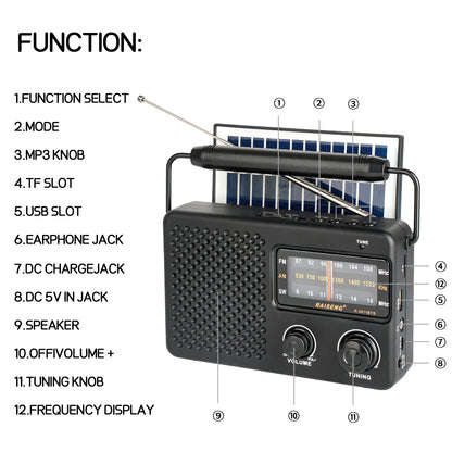 Portable Solar Powered 3-Band AM/FM/SW Radio with Bluetooth Speaker & Multiple Charging Options(black) V888-ELOSUNG35842