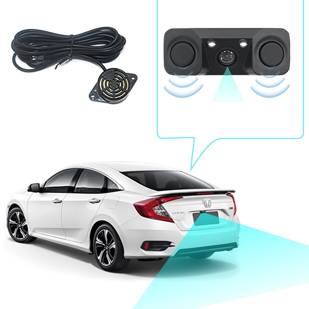3-in-1 Car Reversing Camera & Parking Sensor System with Monitor - License Plate Frame Mount, Waterproof & V888-ELOSUNG35856