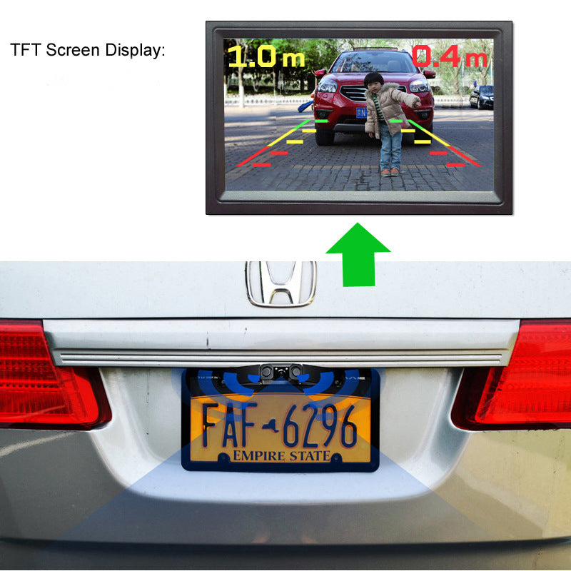 3-in-1 Car Reversing Camera & Parking Sensor System with Monitor - License Plate Frame Mount, Waterproof & V888-ELOSUNG35856