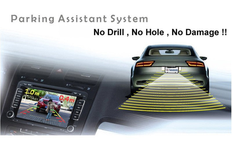 3-in-1 Car Reversing Camera & Parking Sensor System with Monitor - License Plate Frame Mount, Waterproof & V888-ELOSUNG35856