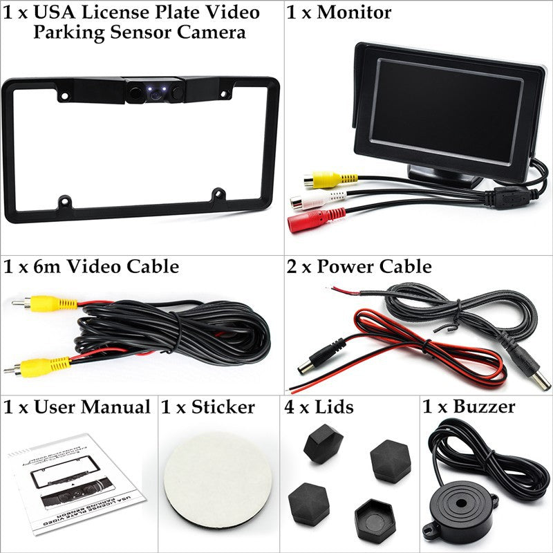 3-in-1 Car Reversing Camera & Parking Sensor System with Monitor - License Plate Frame Mount, Waterproof & V888-ELOSUNG35856