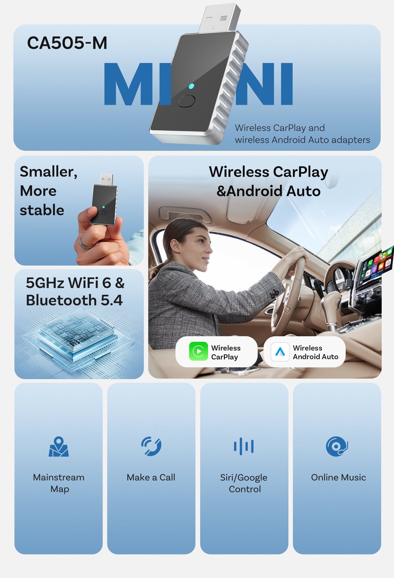 Mini 2-in-1 Wireless CarPlay & Android Auto Adapter - 5GHz WiFi 6, Bluetooth 5.4, Plug & Play Dongle(black) V888-ELOSUNG35857