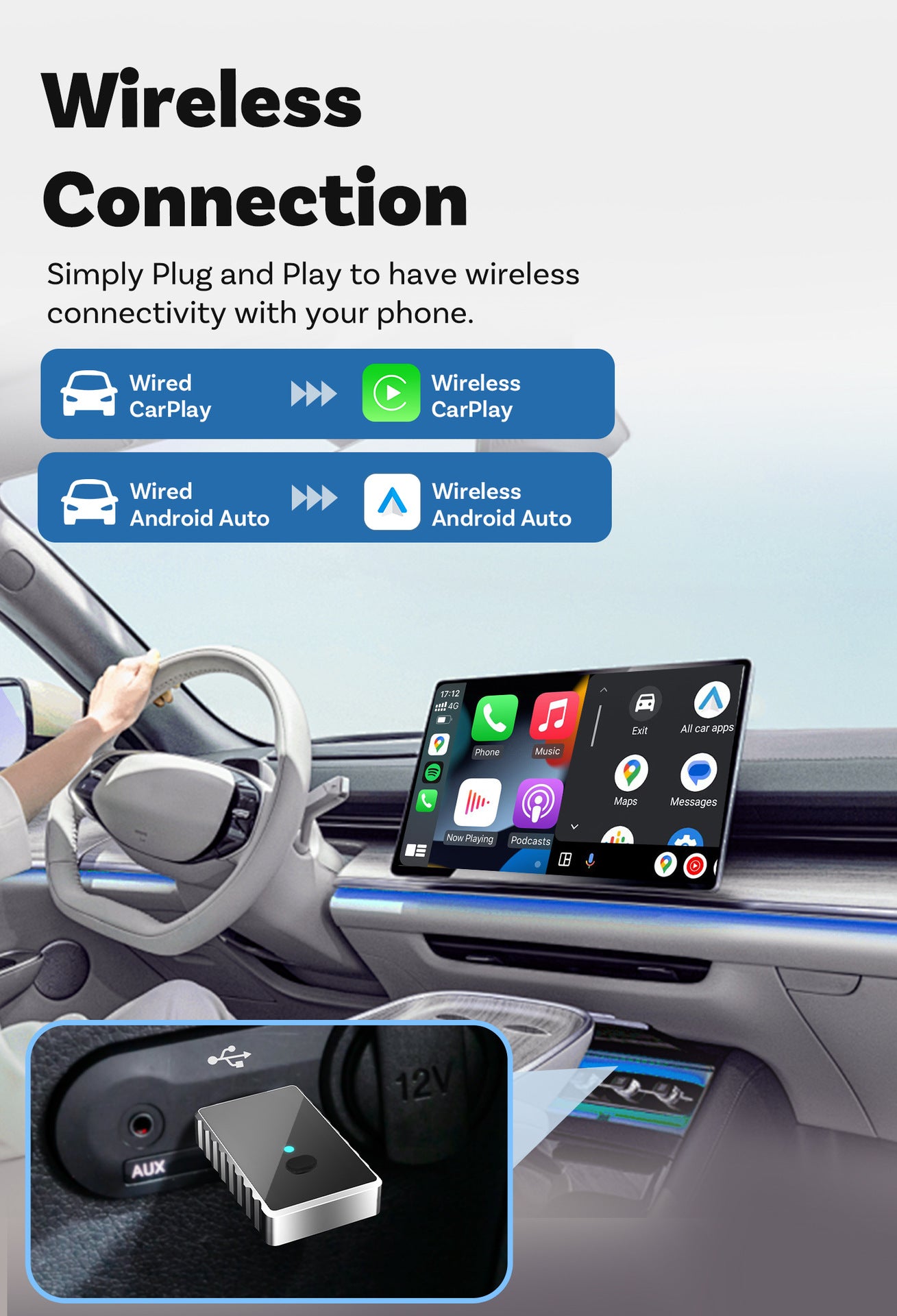 Mini 2-in-1 Wireless CarPlay & Android Auto Adapter - 5GHz WiFi 6, Bluetooth 5.4, Plug & Play Dongle(black) V888-ELOSUNG35857