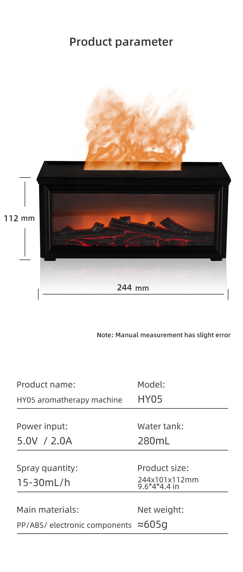 Fireplace Flame Effect Aroma Diffuser & Humidifier with 7-Colour Light, Timer & Remote Control(Light Wood V888-ELOSUNG35861