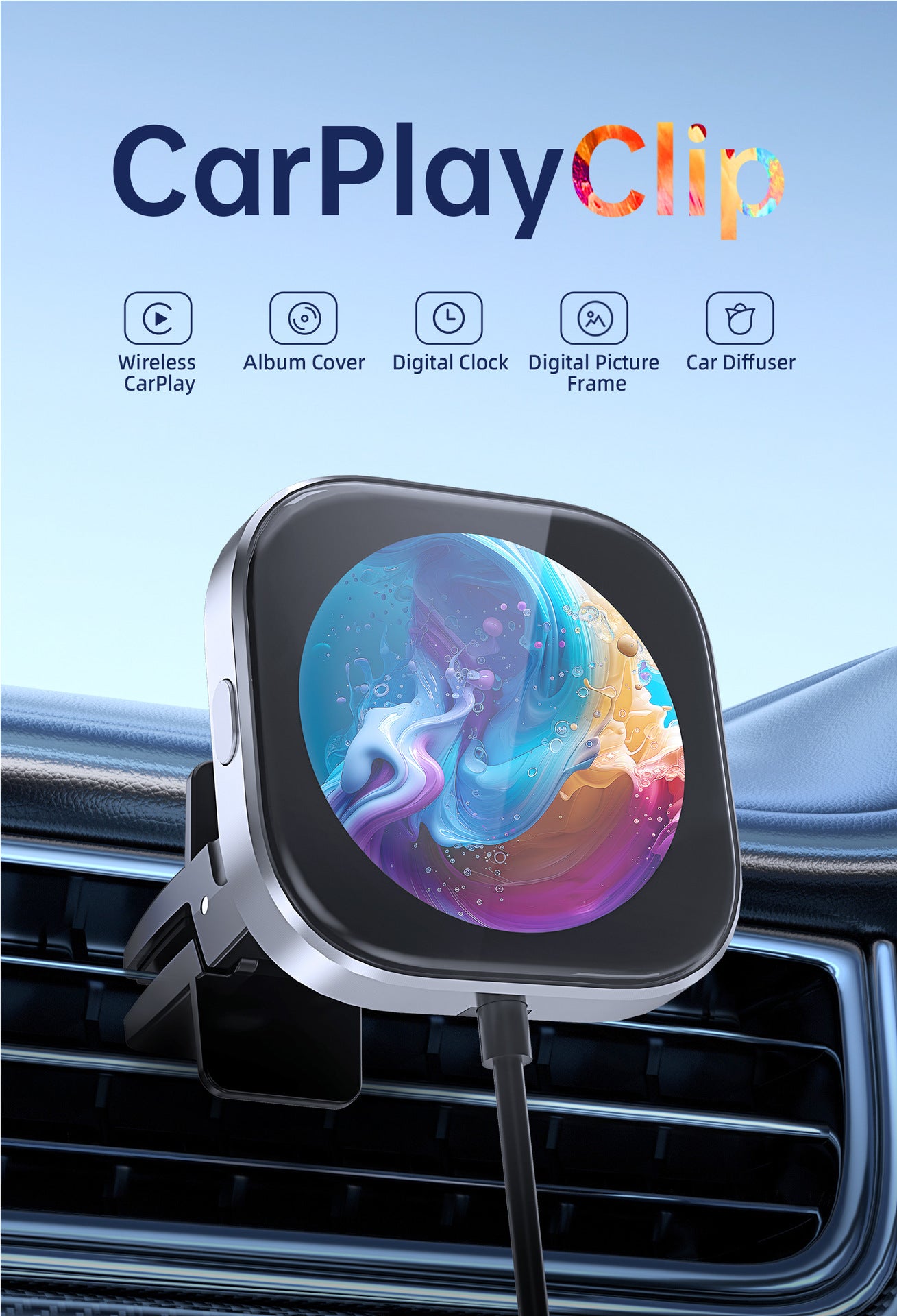 Wireless CarPlay Adapter with 1.6" Multi-Functional Screen, Car Diffuser & 360 Vent Clip(silver) V888-ELOSUNG35862