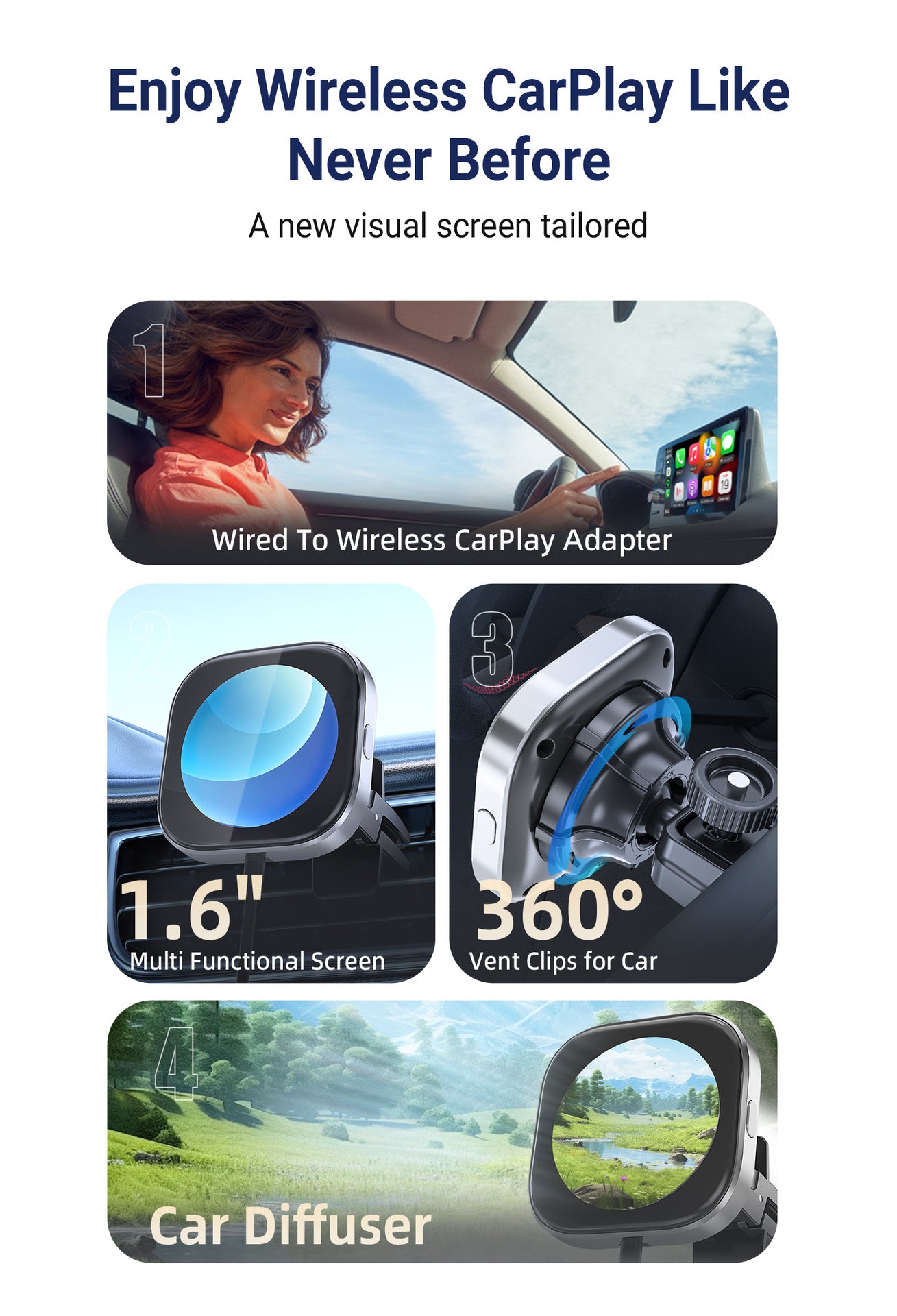 Wireless CarPlay Adapter with 1.6" Multi-Functional Screen, Car Diffuser & 360 Vent Clip(silver) V888-ELOSUNG35862