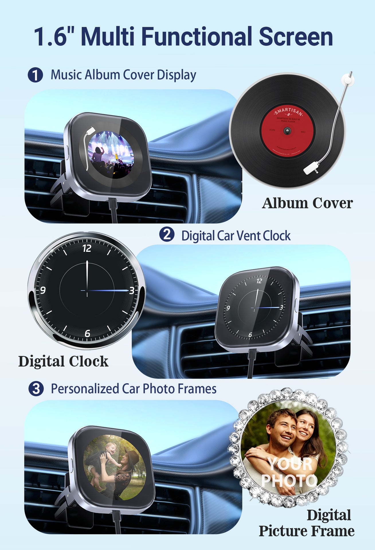 Wireless CarPlay Adapter with 1.6" Multi-Functional Screen, Car Diffuser & 360 Vent Clip(silver) V888-ELOSUNG35862