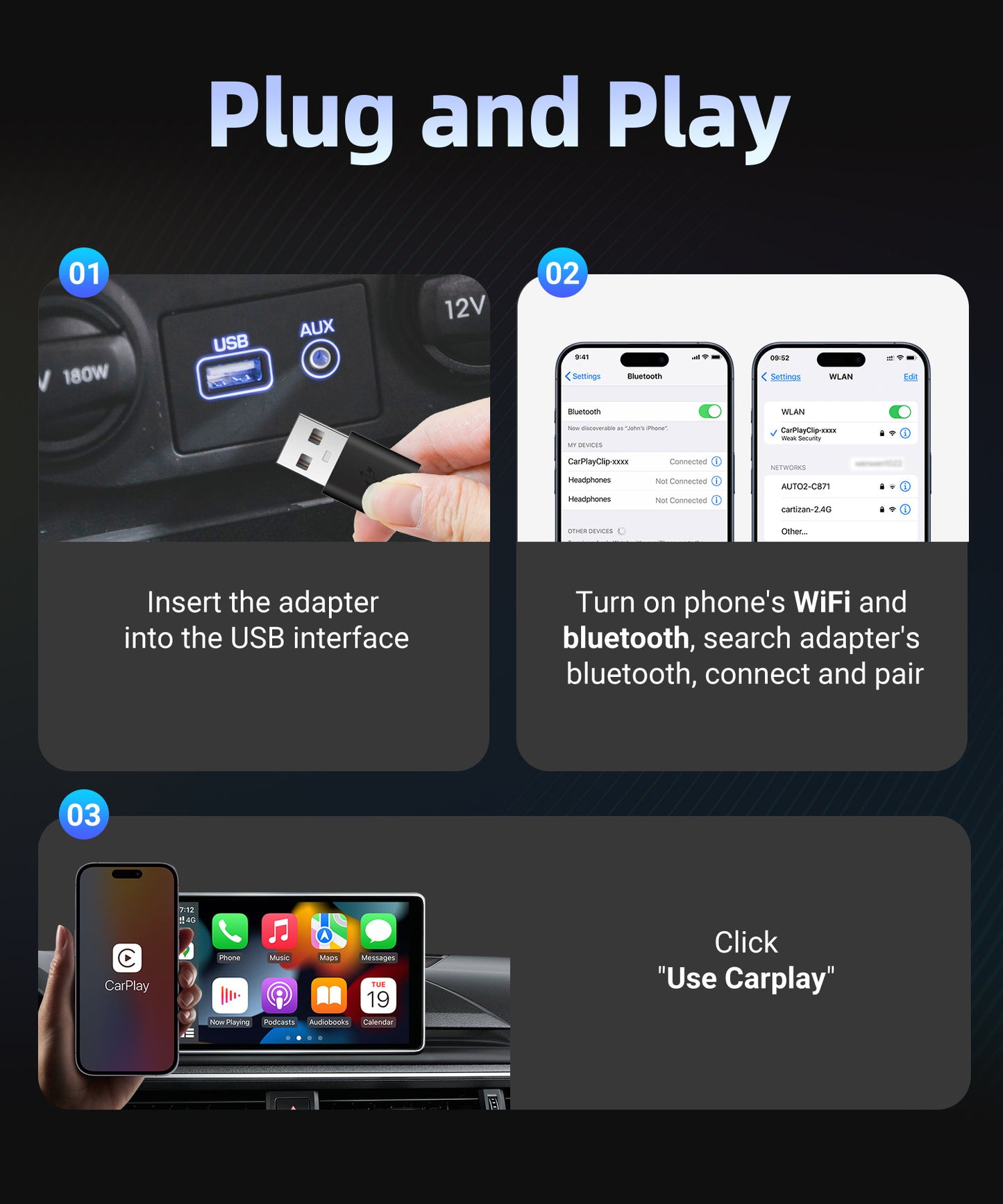 Wireless CarPlay Adapter with 1.6" Multi-Functional Screen, Car Diffuser & 360 Vent Clip(silver) V888-ELOSUNG35862