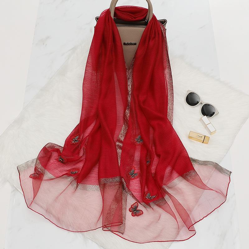 Elegant Butterfly Embroidered Scarf Shawl - Large Soft Silk Blend Wrap for Women(Red) V888-ELOSUNG35864