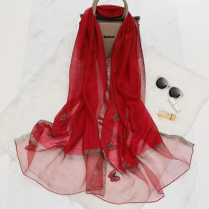 Elegant Butterfly Embroidered Scarf Shawl - Large Soft Silk Blend Wrap for Women(Red) V888-ELOSUNG35864