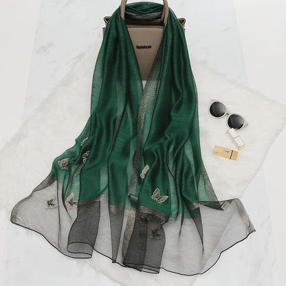 Elegant Butterfly Embroidered Scarf Shawl - Large Soft Silk Blend Wrap for Women(Green) V888-ELOSUNG35866