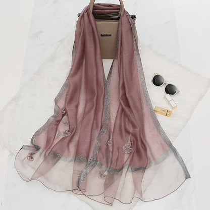 Elegant Butterfly Embroidered Scarf Shawl - Large Soft Silk Blend Wrap for Women(Purple) V888-ELOSUNG35867