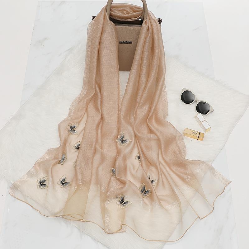 Elegant Butterfly Embroidered Scarf Shawl - Large Soft Silk Blend Wrap for Women(Khaki) V888-ELOSUNG35868
