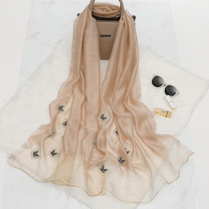 Elegant Butterfly Embroidered Scarf Shawl - Large Soft Silk Blend Wrap for Women(Khaki) V888-ELOSUNG35868