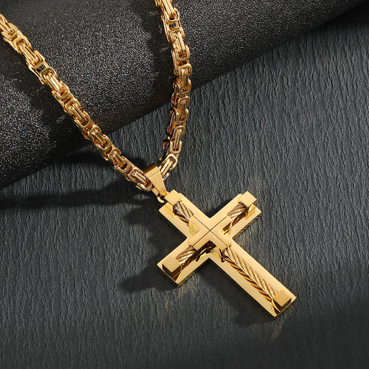 Men's Stainless Steel Layered Cross Pendant with Byzantine Chain - Fashion Statement Necklace(Gold) V888-ELOSUNG35888