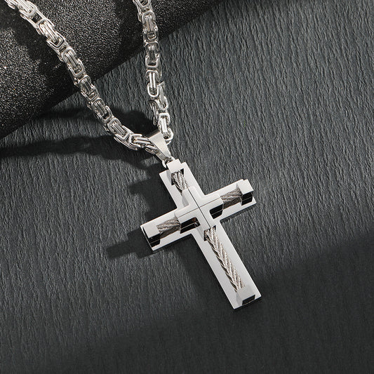 Men's Stainless Steel Layered Cross Pendant with Byzantine Chain - Fashion Statement Necklace(silver) V888-ELOSUNG35889