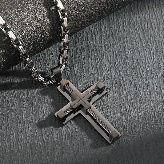 Men's Stainless Steel Layered Cross Pendant with Byzantine Chain - Fashion Statement Necklace(black) V888-ELOSUNG35890
