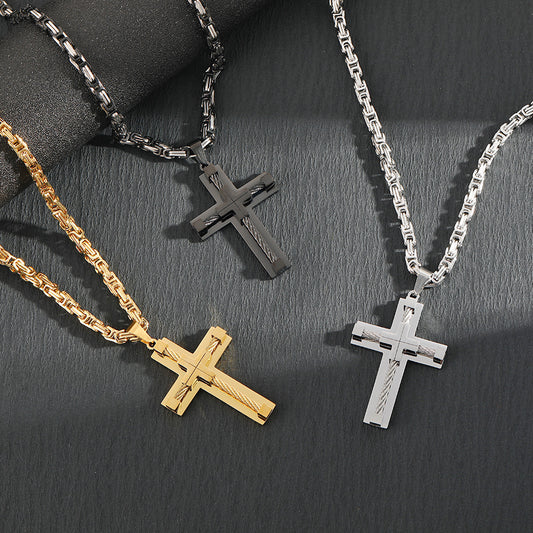 Men's Stainless Steel Layered Cross Pendant with Byzantine Chain - Fashion Statement Necklace(black) V888-ELOSUNG35890