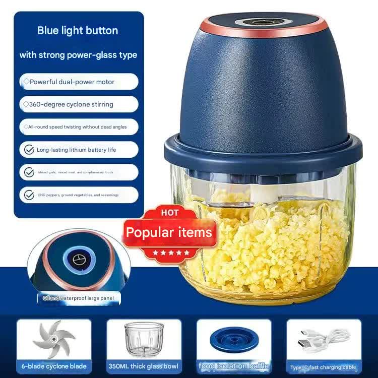 Electric Mini Garlic Chopper with Glass Bowl - USB Rechargeable, 6 Blades, Large Capacity(blue) V888-ELOSUNG35895