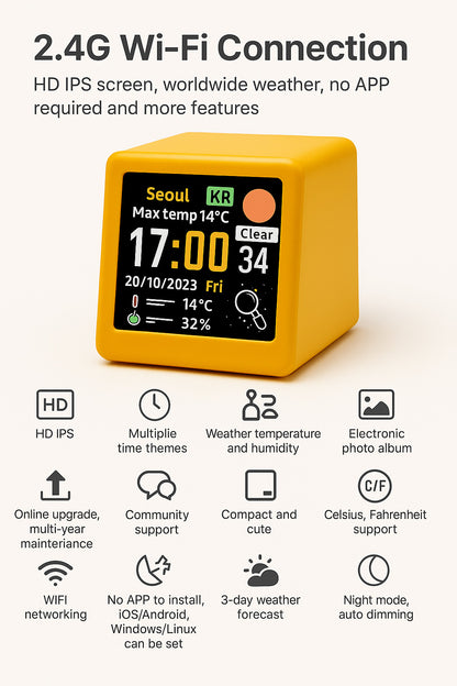 2pc Mini Smart Wi-Fi Weather Station Clock - Desktop Digital Clock with HD IPS Screen, Customizable GIF V888-ELOSUNG35899
