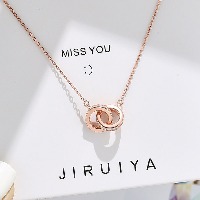2pc Elegant Interlocking Rings Pendant Necklace with Zirconia Accents - Copper Base, Minimalist V888-ELOSUNG35907