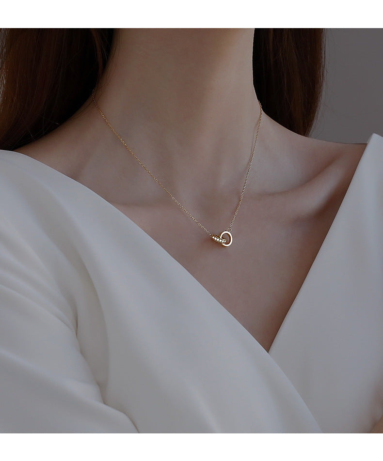 2pc Elegant Interlocking Rings Pendant Necklace with Zirconia Accents - Copper Base, Minimalist V888-ELOSUNG35907