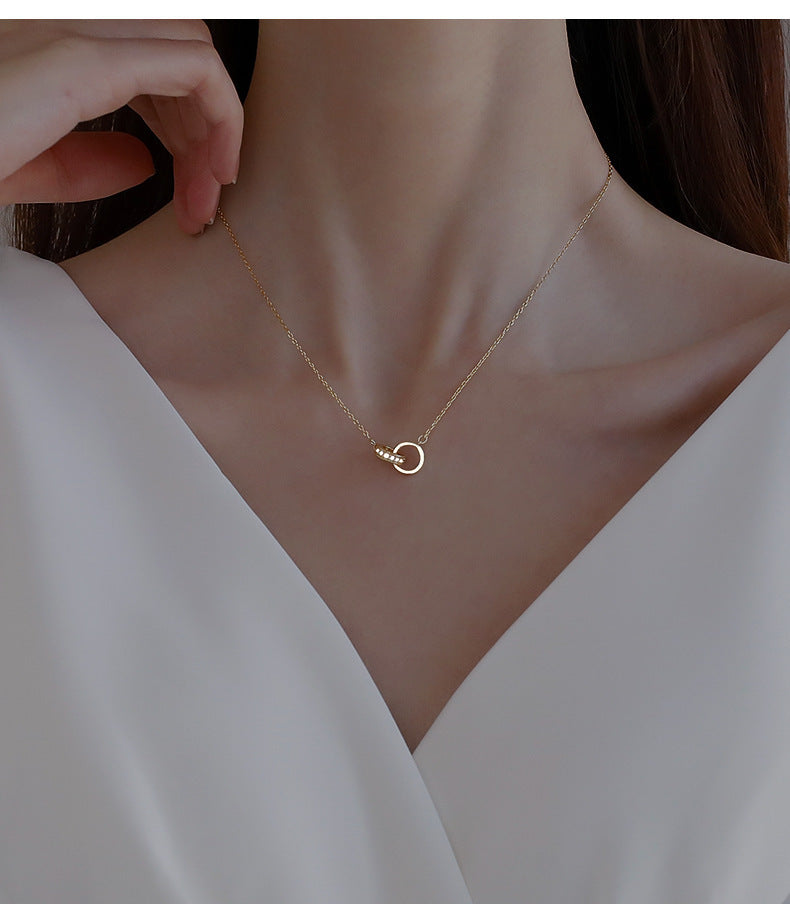 2pc Elegant Interlocking Rings Pendant Necklace with Zirconia Accents - Copper Base, Minimalist V888-ELOSUNG35907